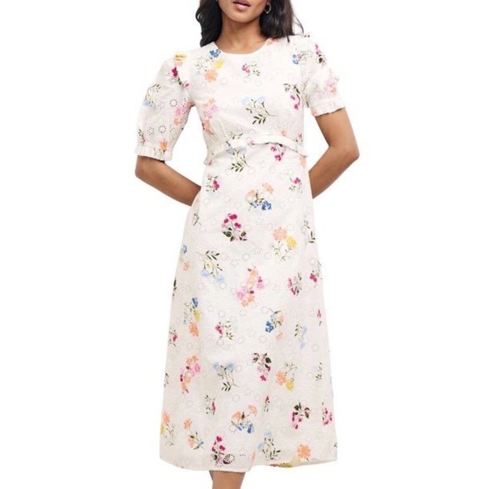 Nobody's Child White Floral Eyelet Organic Cotton Midi‎ Dress Size 14